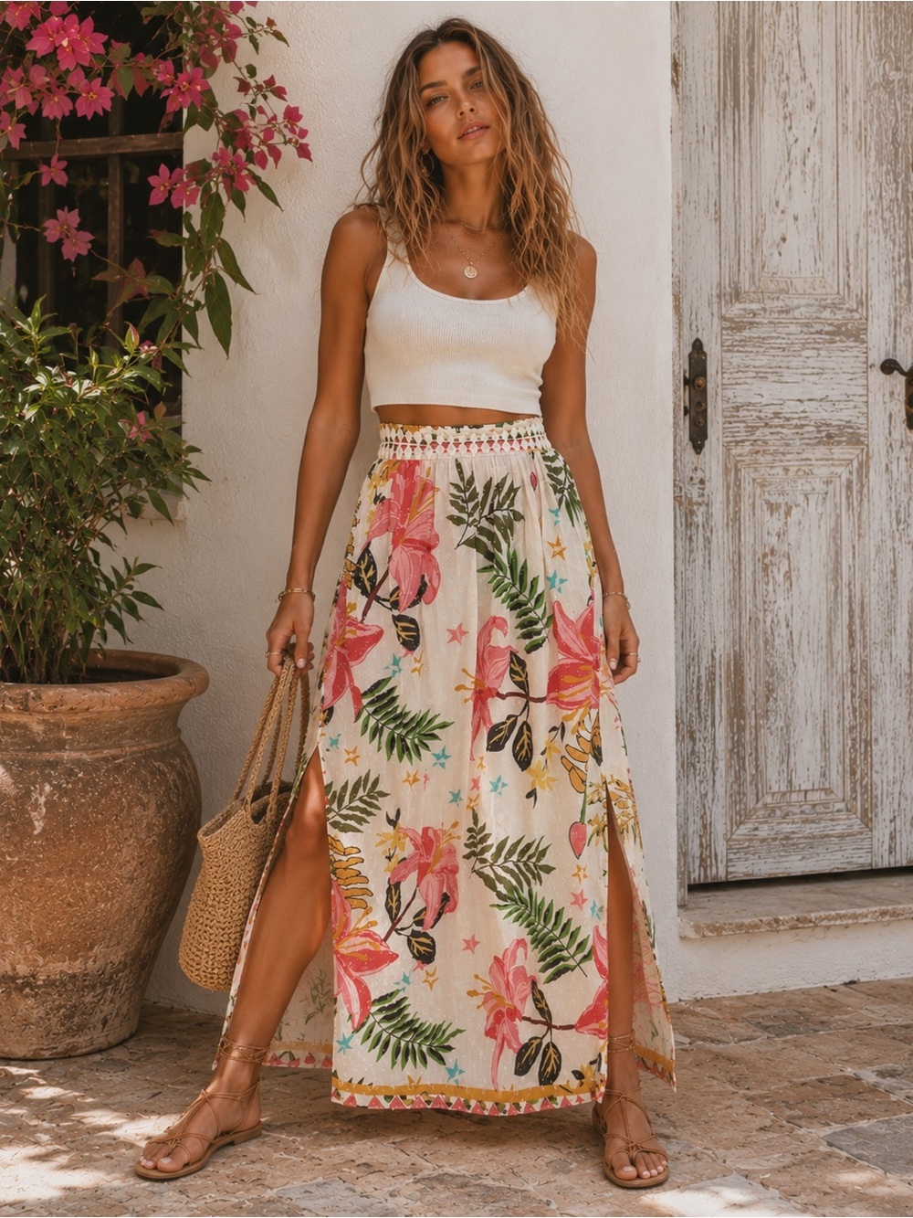 Z&L 100% Cotton Floral Maxi Skirt | Size Medium | Tropical Boho Cottagecore